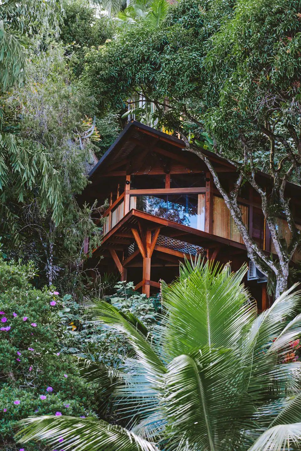 A Casa Proa vista de baixo, entre palmeiras e a vegetação da Mata Atlântica, com sua estrutura de madeira sobre pilares